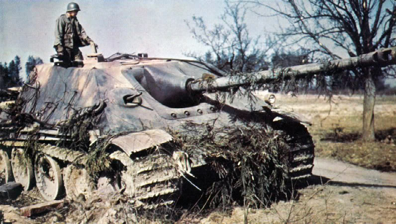 [Photo 10b - Jagdpanther knocked out or abandoned by its crew on a roadside in North-West Europe, being checked out by what appears to be an American GI, camouflaged in tree branches.]