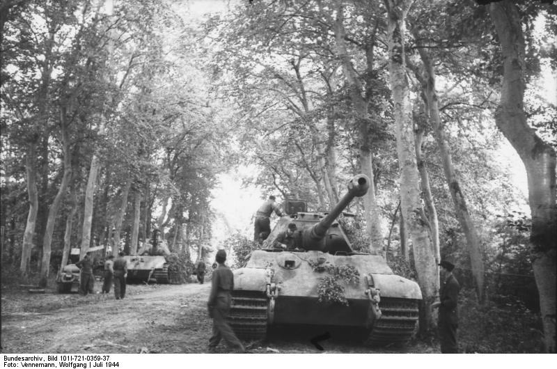 [Photo 10 - Pz Kpfw VI Ausf. B Tiger II with Porsche turrets being camouflaged by their crews with foliage on the roadside in Normandy, 1944.]