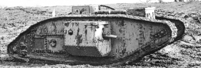 A British Mark V heavy tank from World War I. It is something of the quintessential early tank design. Not the bulge on the sides, housing a machine gun position and a forward placed gun sponson.